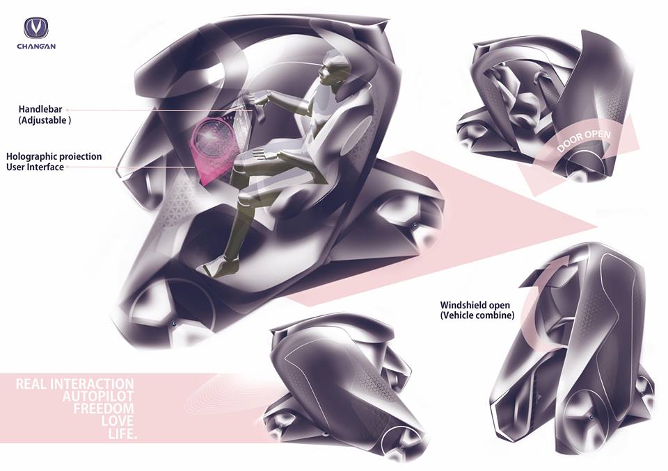 工業設計學系交通工具設計組三年級黃源維同學作品”Encounter概念車”,透視圖解析說明產品構造。