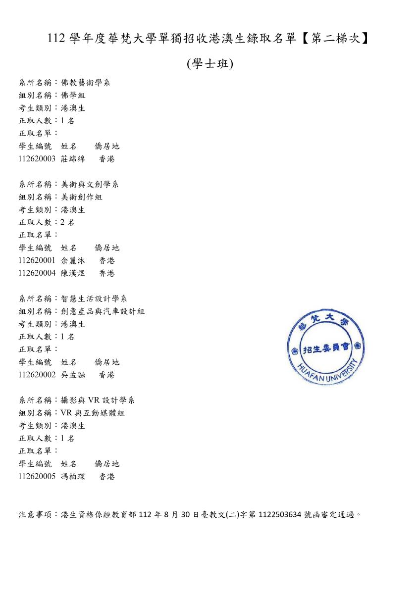公告本校112學年度華梵大學單獨招收港澳生第二梯次錄取名單